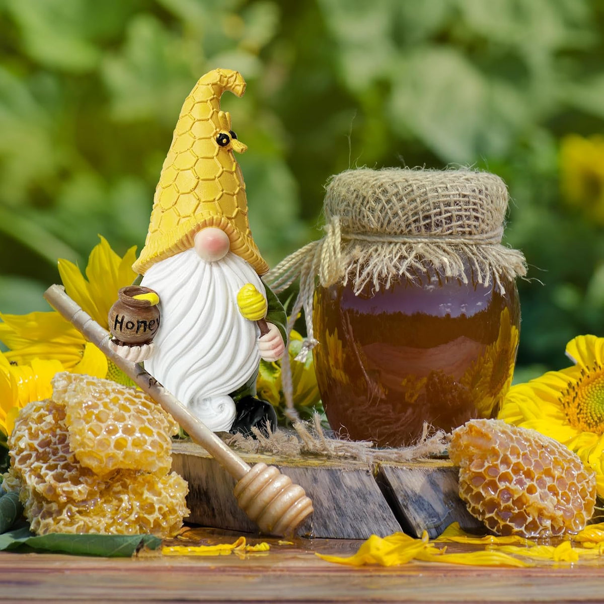 7.5'' Resin Bee Gnome Figurine Holding Honey Jar H34374