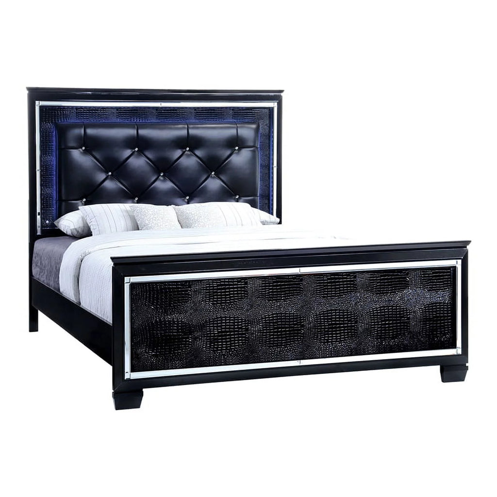 Black Wood King LED Panel Bed with Mirror Trim O93930