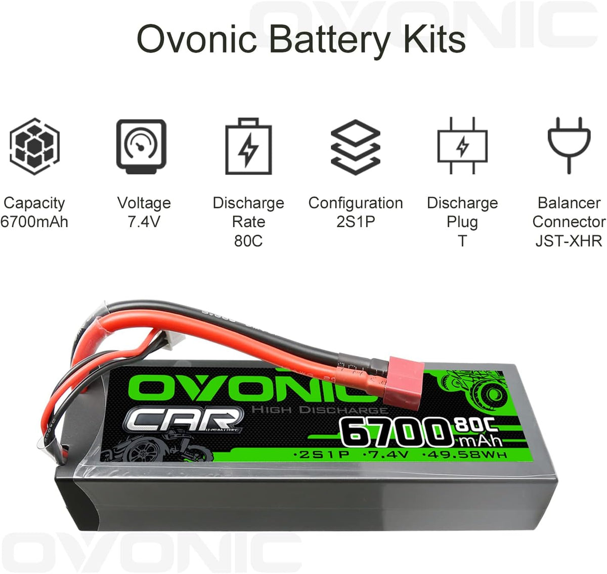 2S Lipo Battery 80C 6700mAh 7.4V Hard Case with Dean-Style T Connector for RC Car (2 Packs) C154
