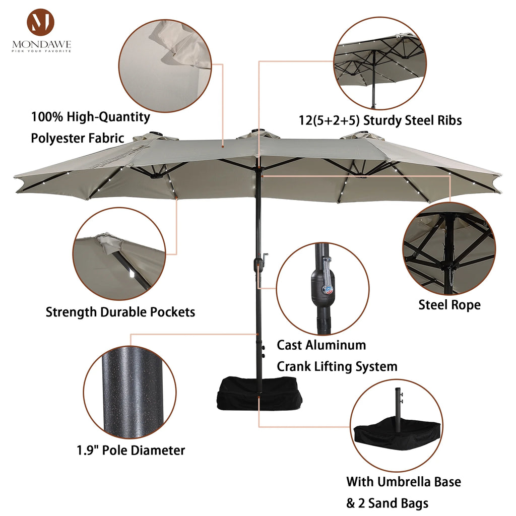 15ft Large Patio Umbrella with 36 LED Lights, Base Included X639