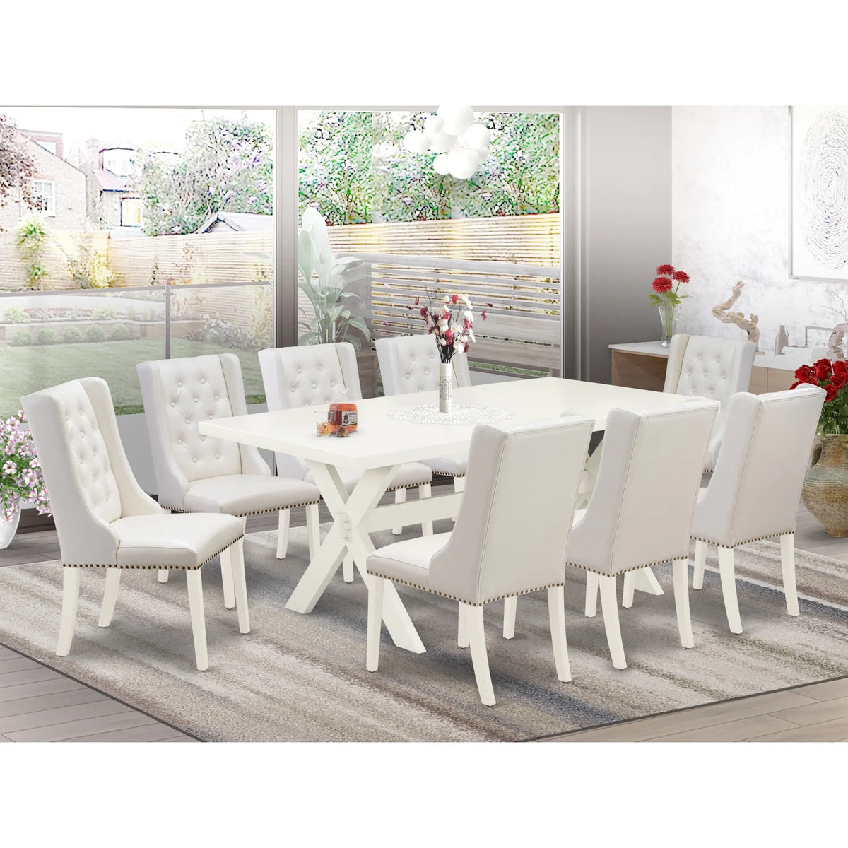 9 Piece Kitchen Table Set with 8 White Chairs O593