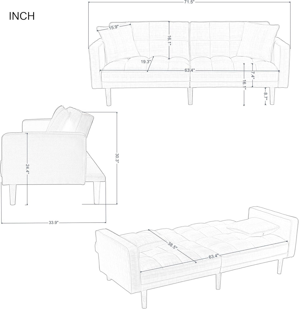 Navy Blue Tufted Fabric Futon Sofa Bed with Wooden Legs and 2 Square Pillows A271