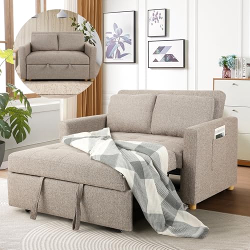 3-in-1 Convertible Sofa Bed, Linen Fabric Sleeper Couch, 49" 2-Seater Loveseat Futon Sofa W601095