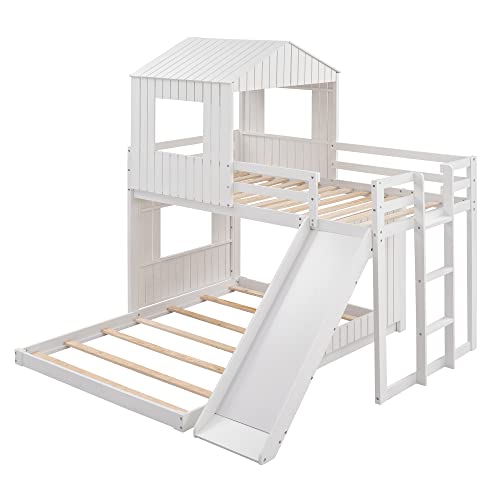 White Twin Over Full Size Wooden Bunk Beds with Slide M459883