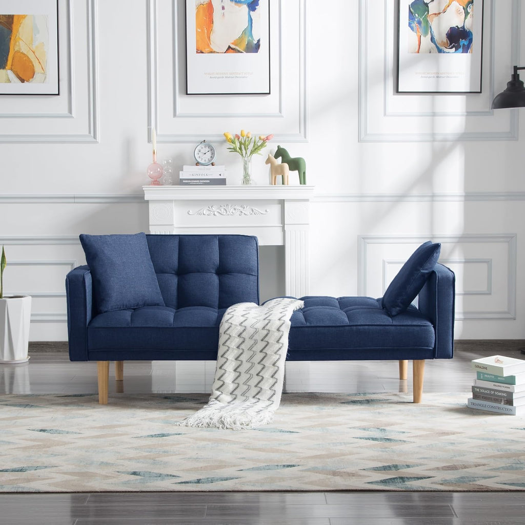 Navy Blue Tufted Fabric Futon Sofa Bed with Wooden Legs and 2 Square Pillows A271