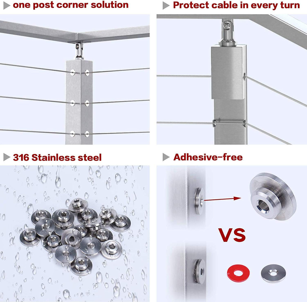 20Pack Cable Railing Kit 1/8 5/32" 3/16" T316 Stainless Steel Sleeves Washer Insert Plug F89974