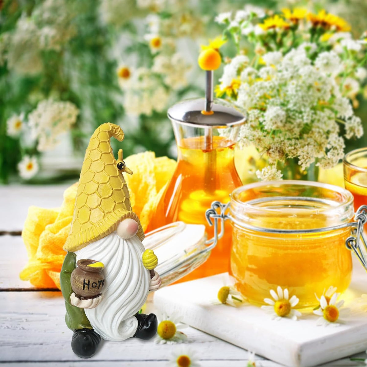 7.5'' Resin Bee Gnome Figurine Holding Honey Jar H34374