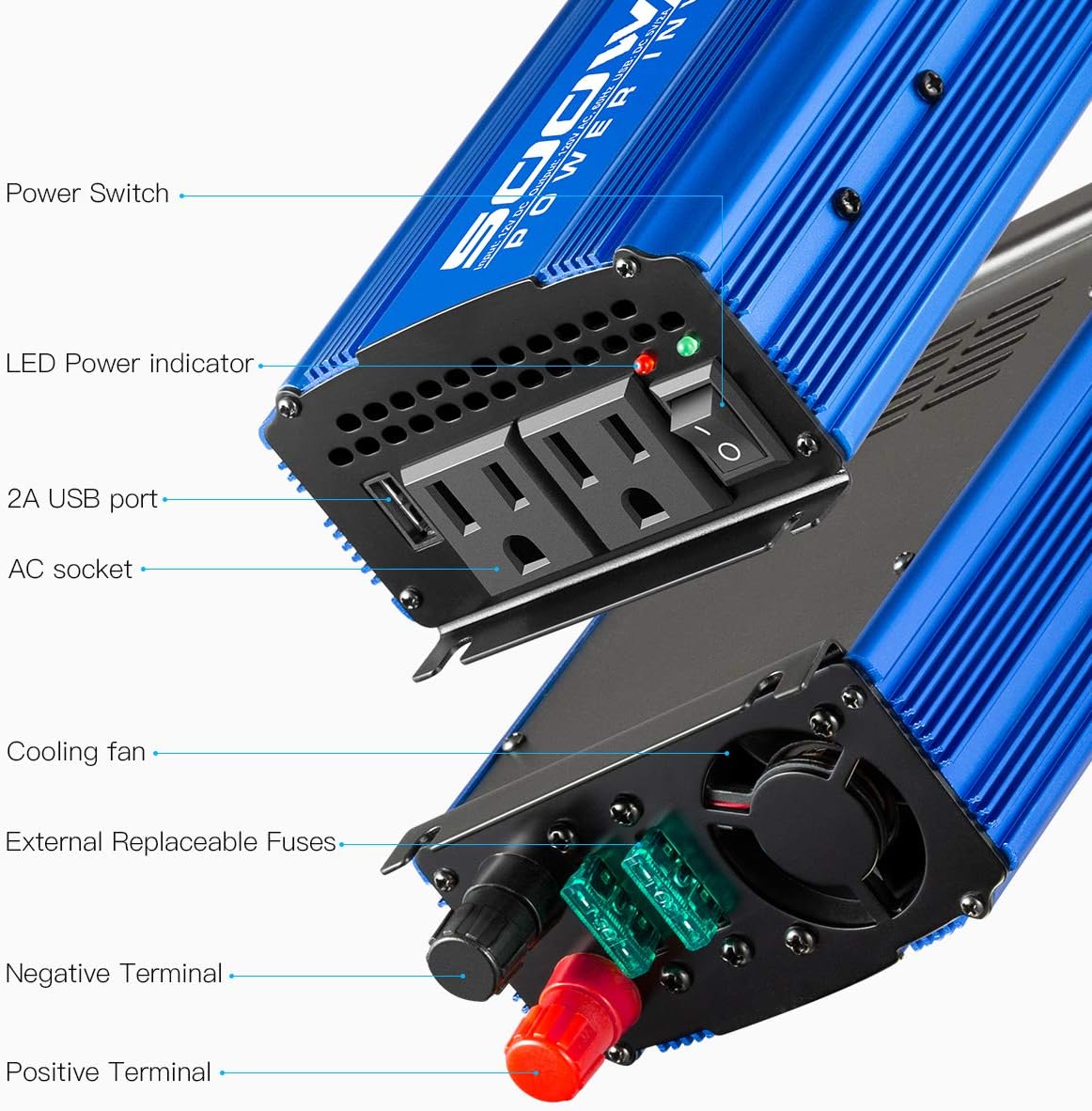 Pure Sine Wave Inverter 1000W DC 12V to AC 110 V with Dual AC Outlets & 2A USB Ports J92264