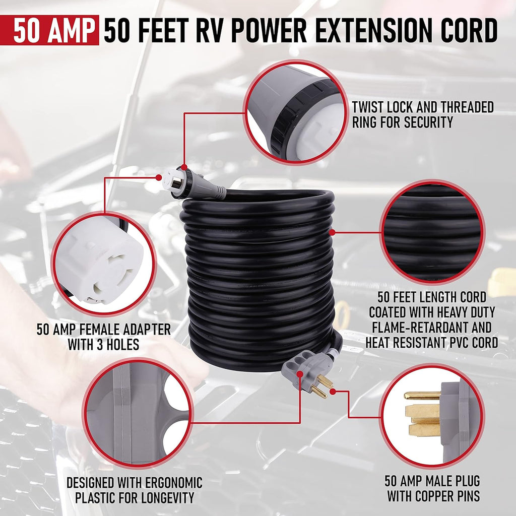 50 Amp 50 Feet RV Power Extension Cord with Molded Connector and Twist Lock F630