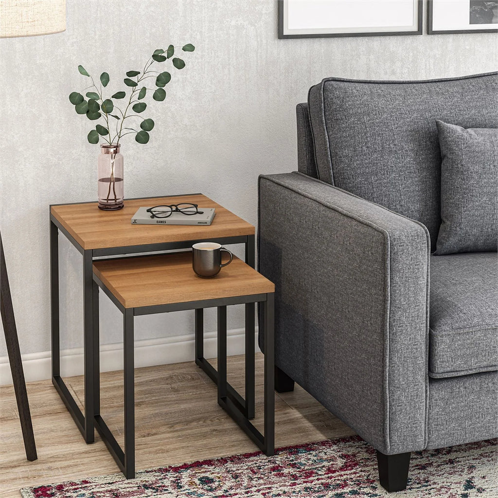Brown Wood Grain Black Metal Nesting Side Tables F811722