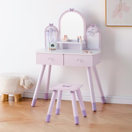 Purple Kids Vanity Set with Mirror, Chair and Storage Drawers T190
