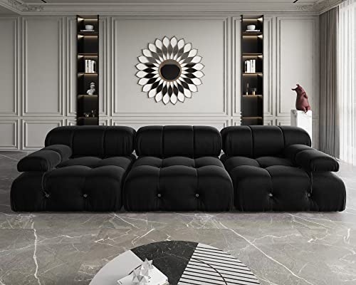 Black Velvet L-Shaped Sectional Sofa with Reversible Chaise Ottoman W68238