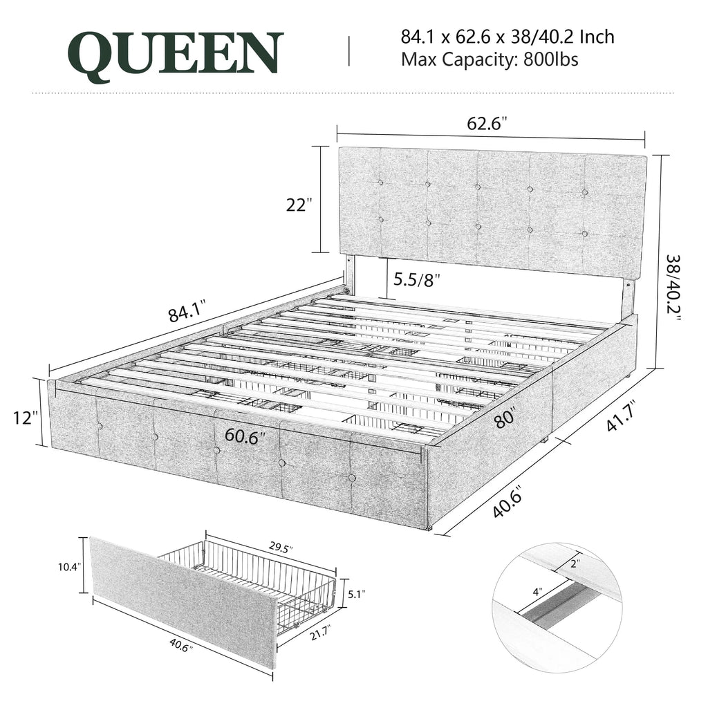Queen Size Platform Bed Frame with Headboard and 4 Storage Drawers X154
