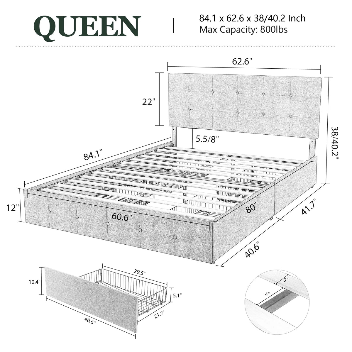 Queen Size Platform Bed Frame with Headboard and 4 Storage Drawers X154