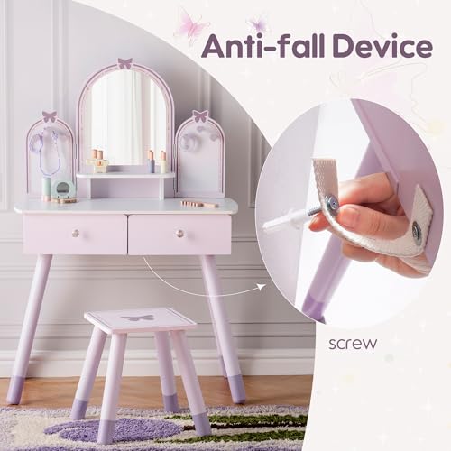 Purple Kids Vanity Set with Mirror, Chair and Storage Drawers T190