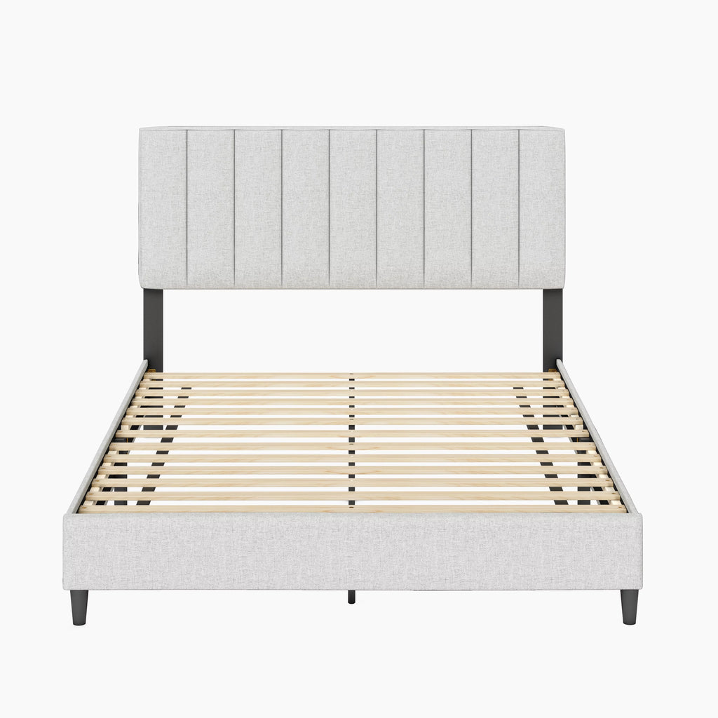 Off White Linen King Platform Bed Frame with Upholstered Headboard Z1301