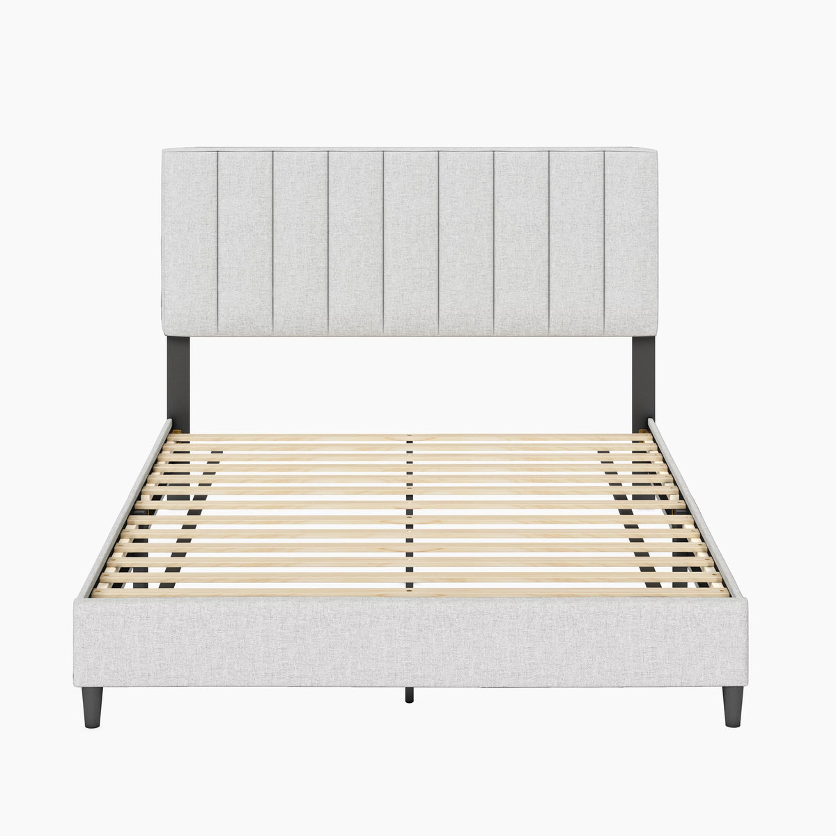 Off White Linen King Platform Bed Frame with Upholstered Headboard Z1301