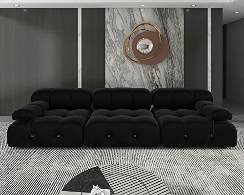 Black Velvet L-Shaped Sectional Sofa with Reversible Chaise Ottoman W68238