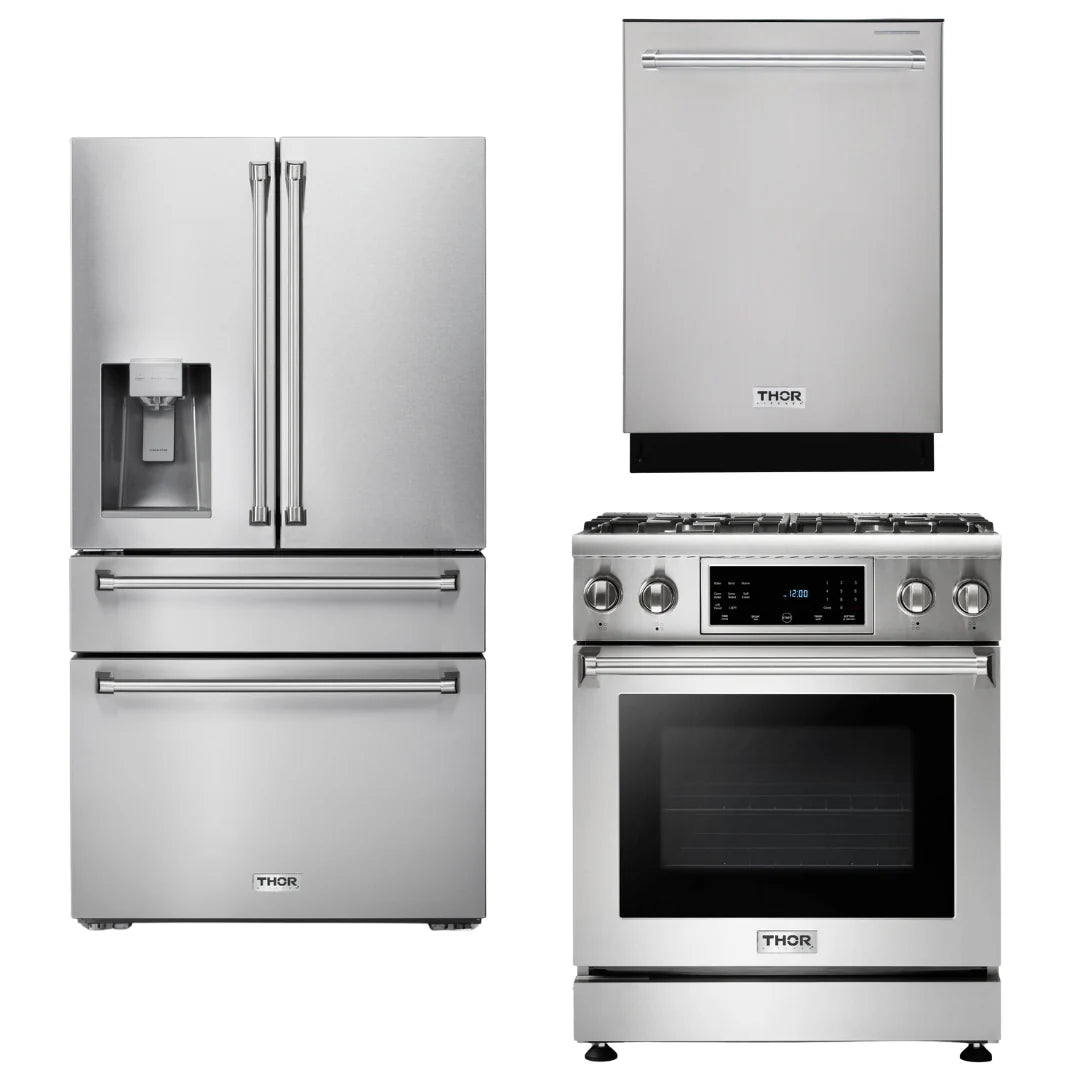 30 Gas Range, Refrigerator with Water and Ice Dispenser, Dishwasher E337