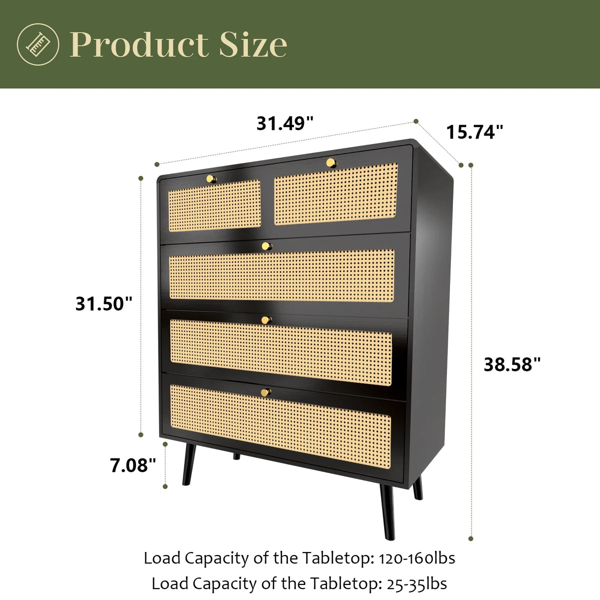 Rattan 4 Drawer Tall Wood Dresser V78652