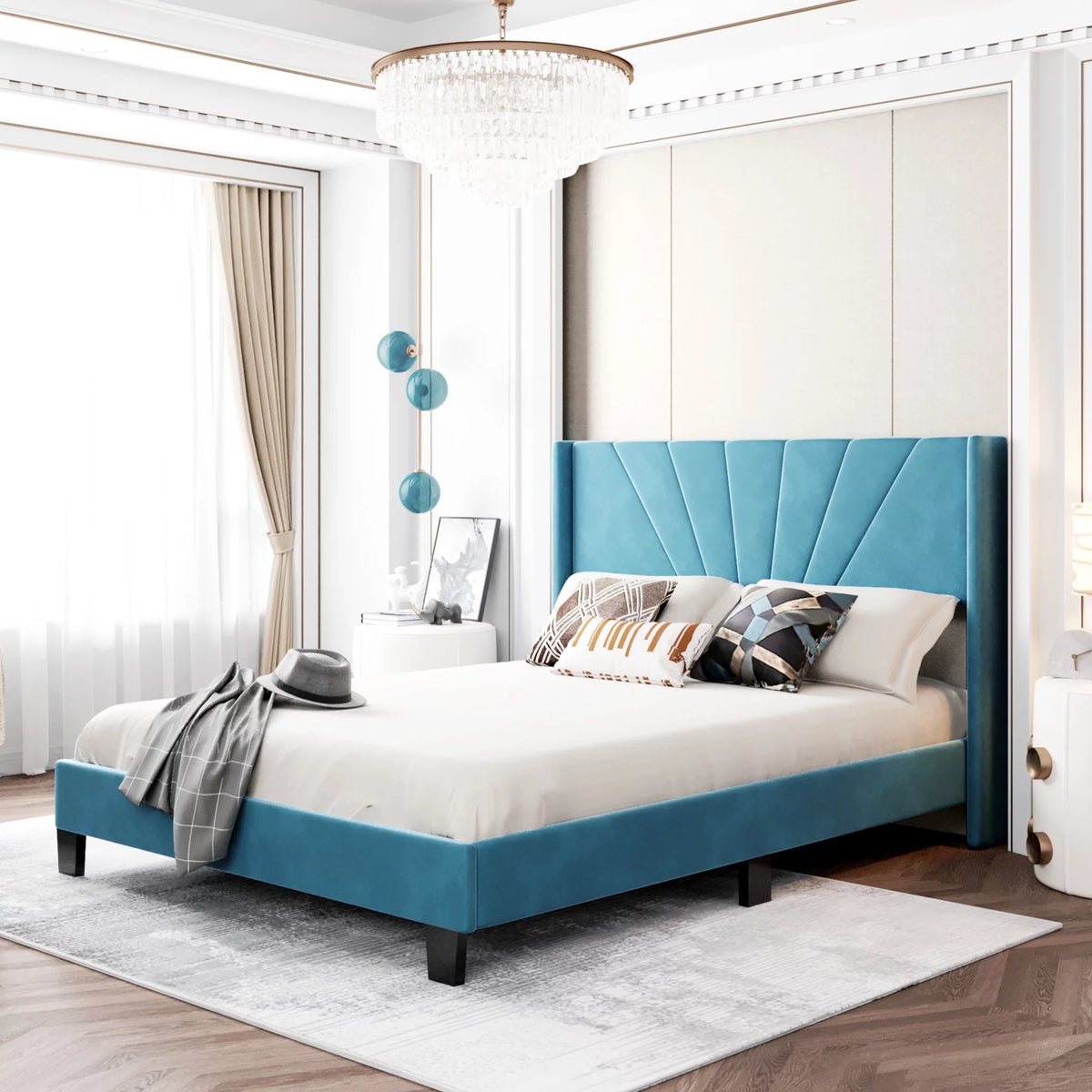 Blue Velvet Upholstered Queen Size Platform Bed Frame with Headboard O226745