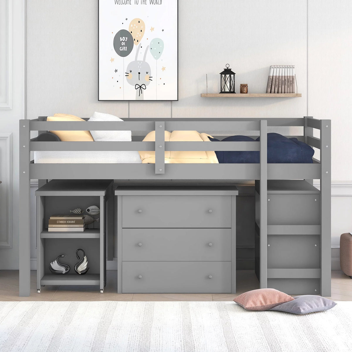 Twin Size Wood Loft Bed with Desk Storage Drawers and Bookcase C33822