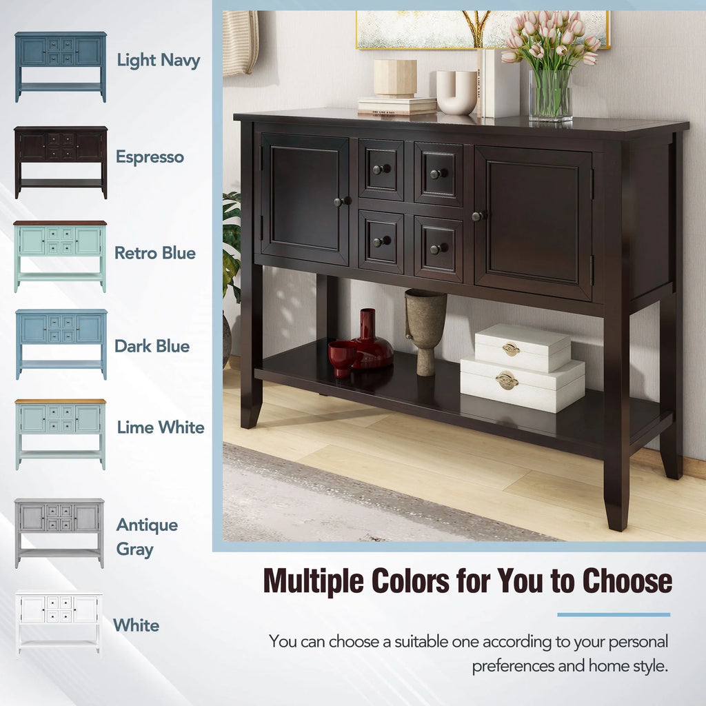 Vintage Console Table with Four Drawers and Bottom Shelf, Espresso A8569