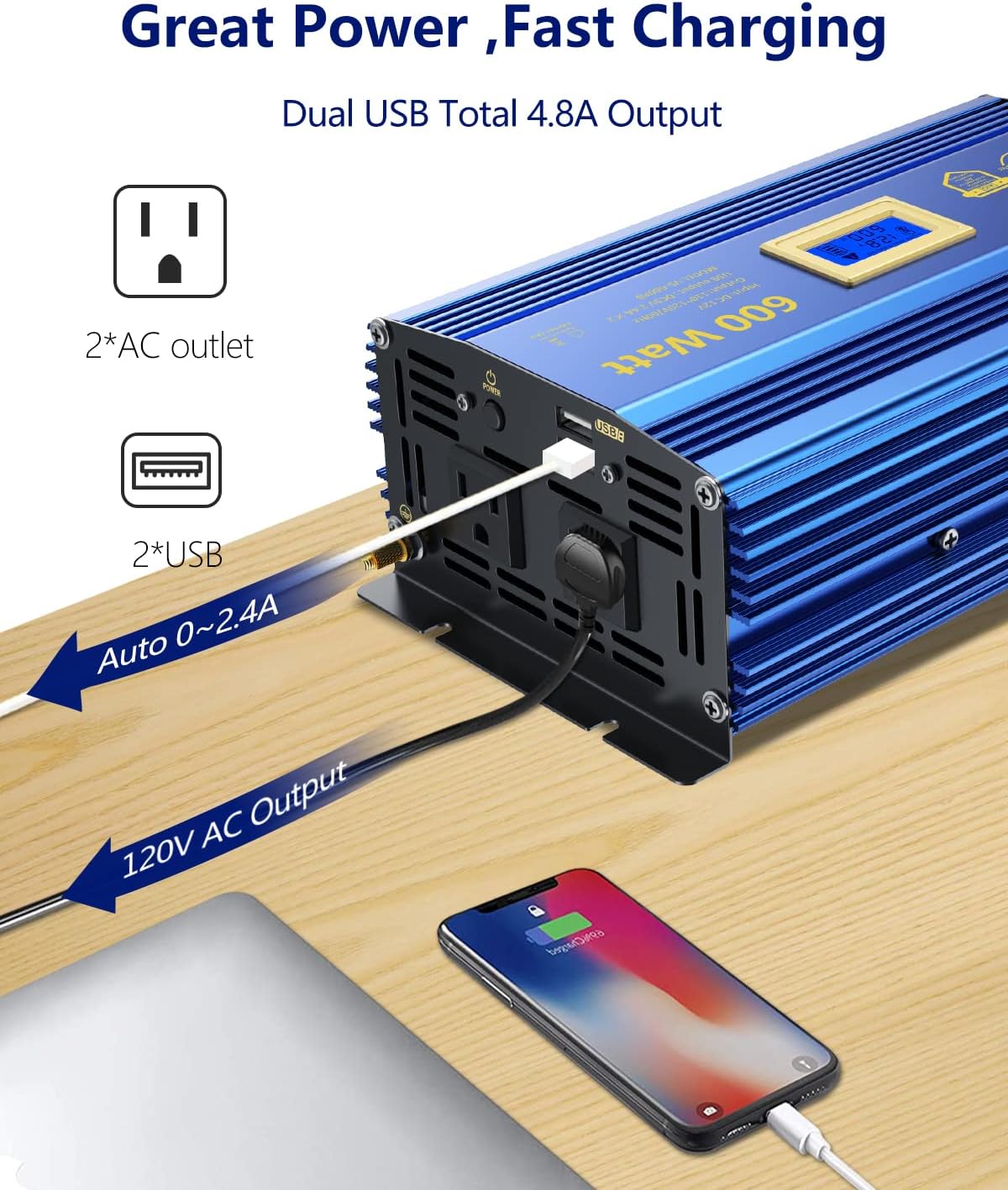 600 Watts Pure Sine Wave Power Inverter 12V to 110V 120V with USB Port & LCD Display I6902