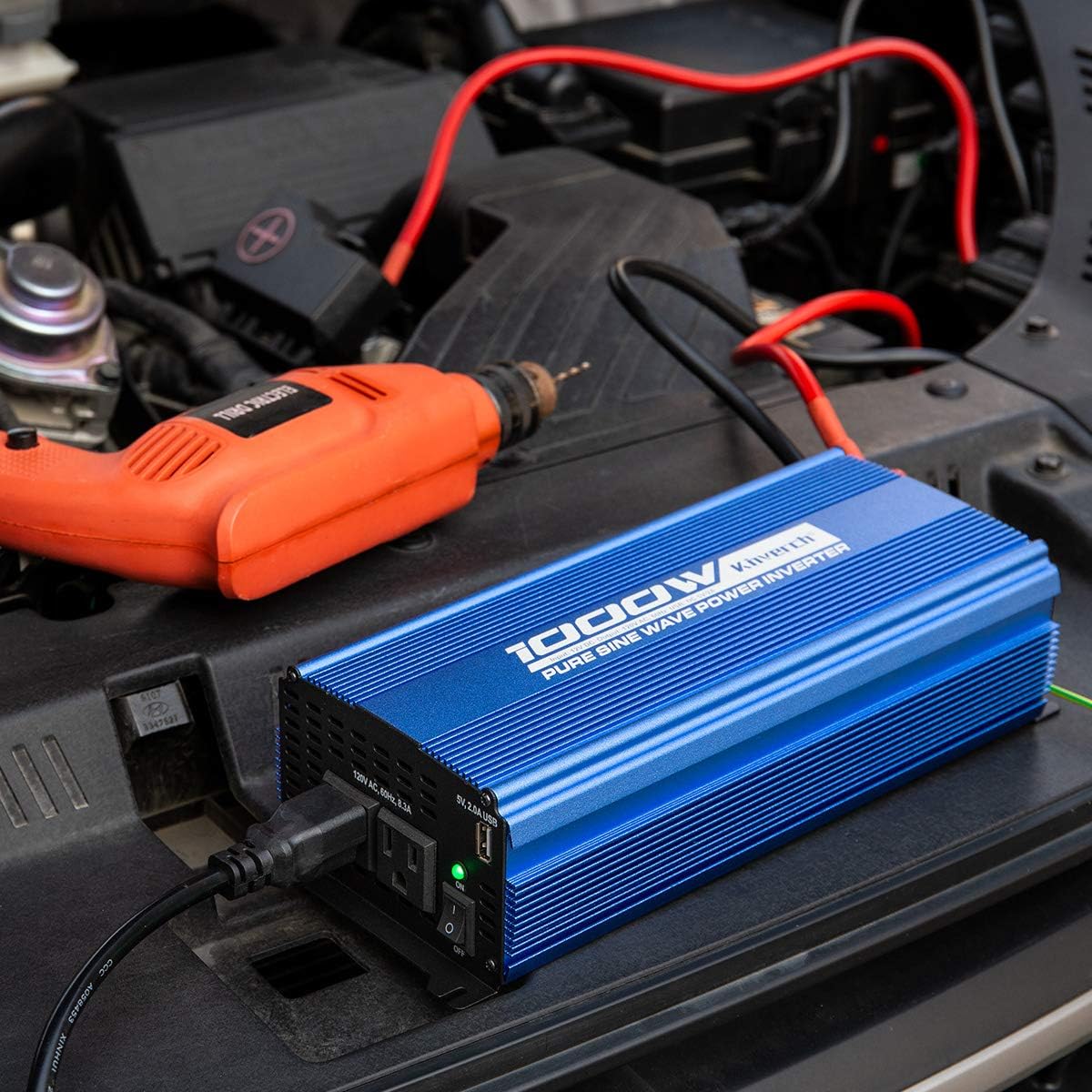 Pure Sine Wave Inverter 1000W DC 12V to AC 110 V with Dual AC Outlets & 2A USB Ports J92264