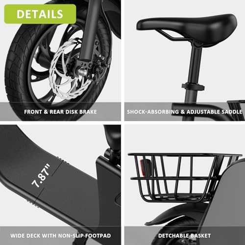 Electric Scooter with Seat & Carry Basket, 672W PWR, 288Wh, 20MPH, 20 Miles, 12.5" Tires H7050