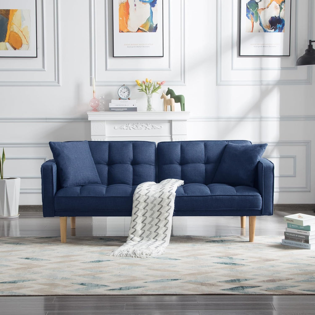 Navy Blue Tufted Fabric Futon Sofa Bed with Wooden Legs and 2 Square Pillows A271