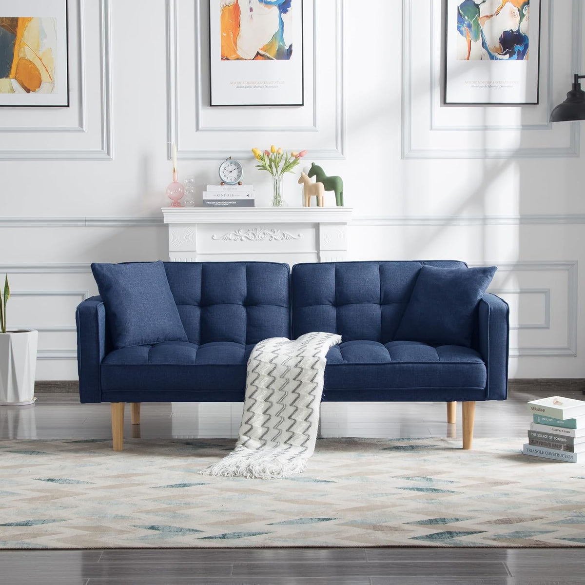 Navy Blue Tufted Fabric Futon Sofa Bed with Wooden Legs and 2 Square Pillows A271