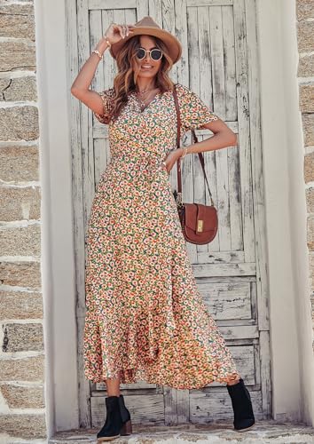 Women's Summer Wrap Maxi Dress Boho Floral V Neck Short Sleeve Ruffle Hem Split Beach Long Dresses X2916