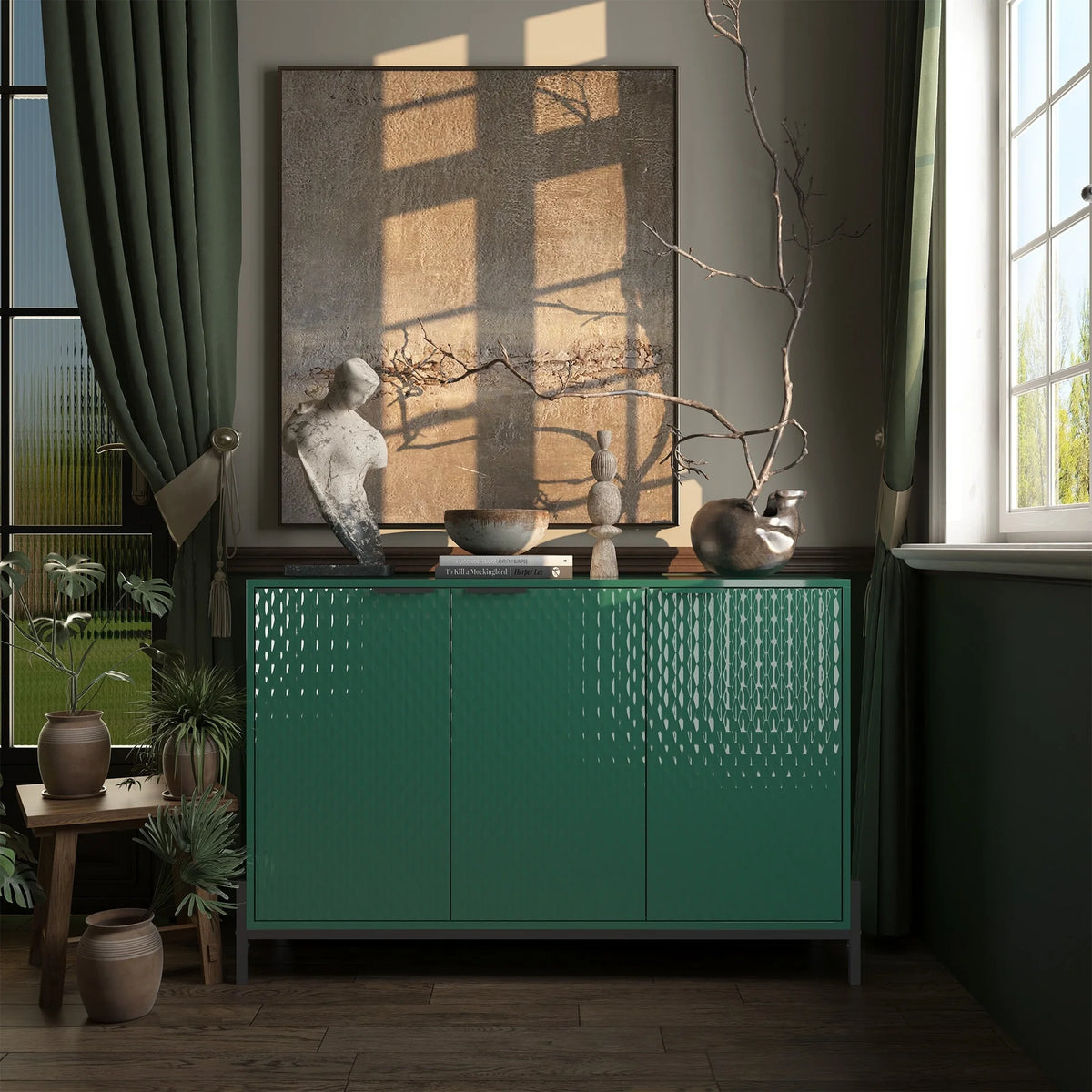 Green 3-Door Buffets Sideboards with Adjustable Shelves H2135