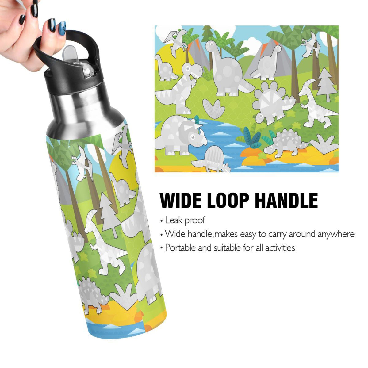 Gray Dinosaurs Stainless Steel Water Bottle with Straw Lid 20 OZ V479610