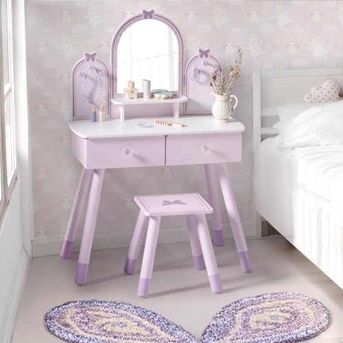 Purple Kids Vanity Set with Mirror, Chair and Storage Drawers T190