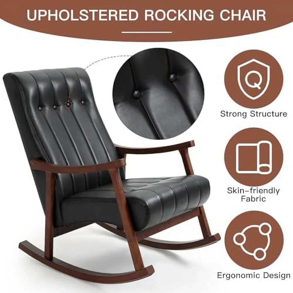 Upholstered Rocking Chair with Fabric Padded Seat Solid Wood High Back Armchair Grey S49555