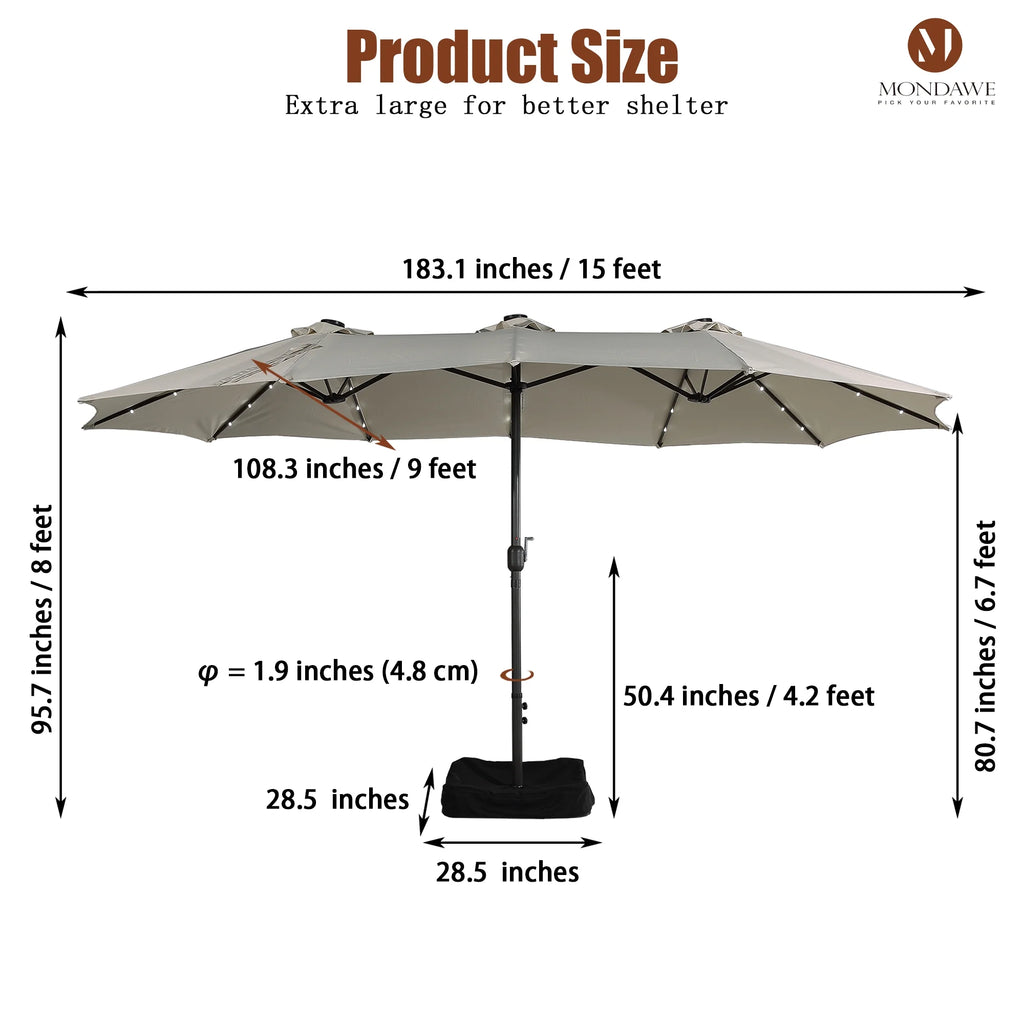 15ft Large Patio Umbrella with 36 LED Lights, Base Included X639