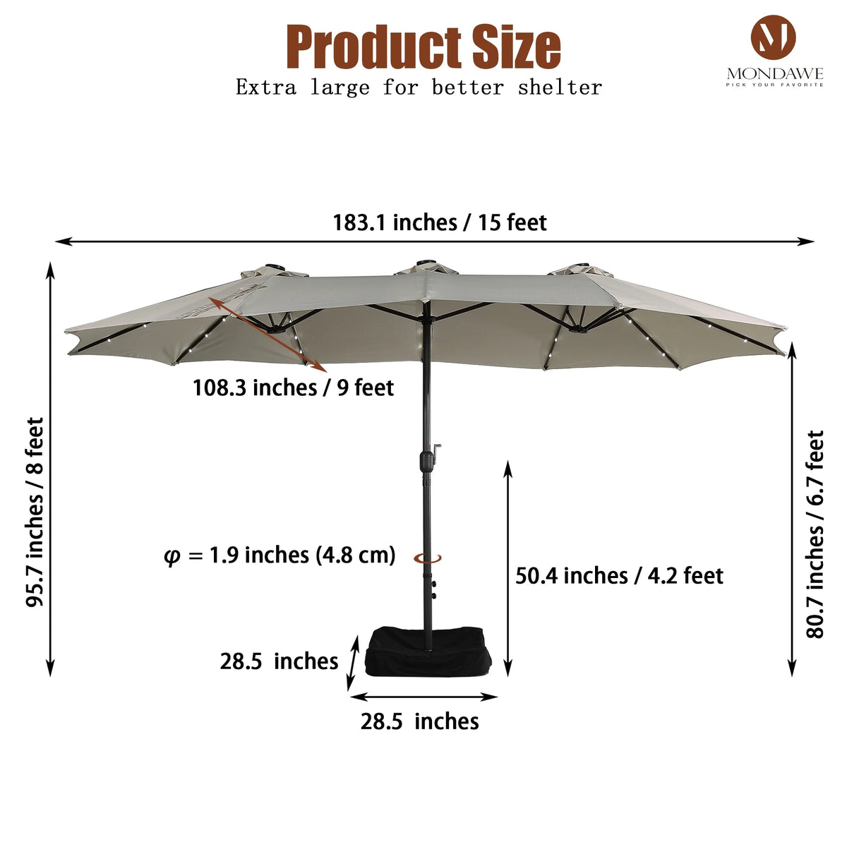 15ft Large Patio Umbrella with 36 LED Lights, Base Included X639