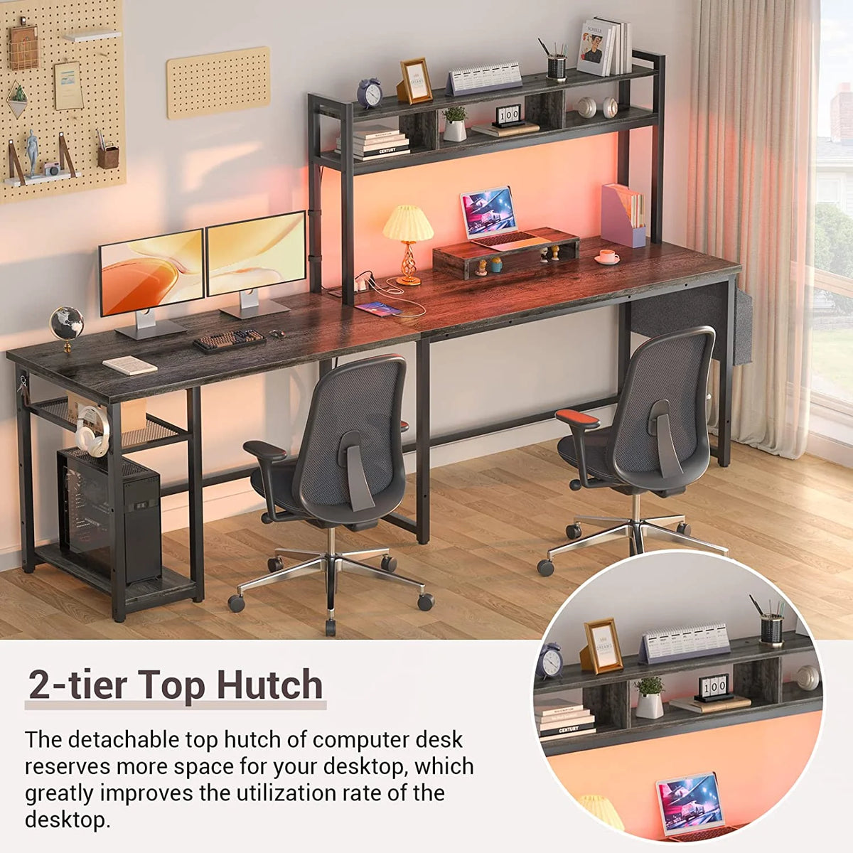 Grey Oak L Shaped Desk with Power Outlet & LED Strip U34409