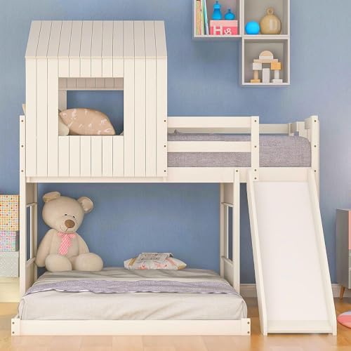 White Twin Over Full Size Wooden Bunk Beds with Slide M459883