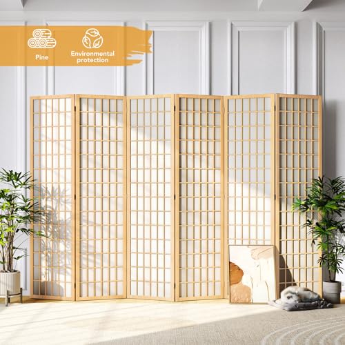 6 Panel Natural Wood Room Divider I98844