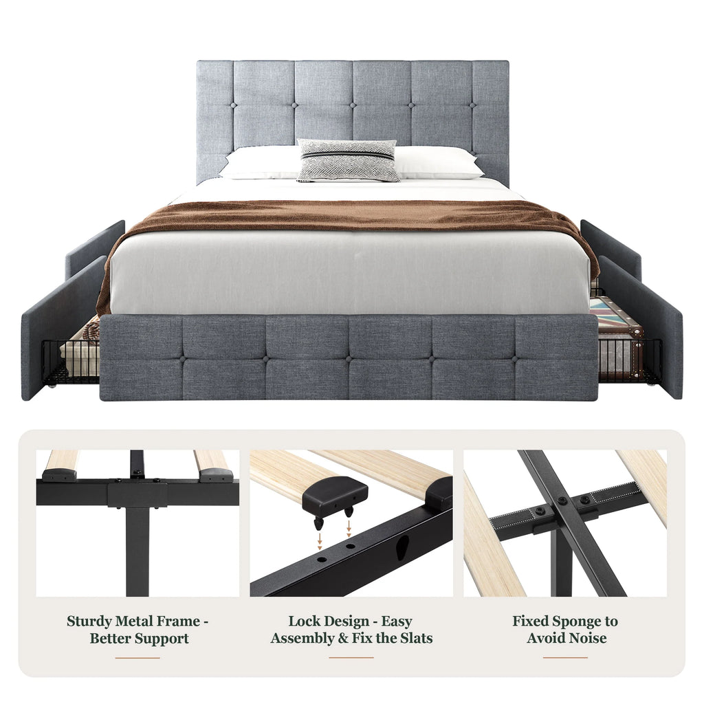 Queen Size Platform Bed Frame with Headboard and 4 Storage Drawers X154
