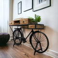 Vintage Bicycle Console Table with Drawers & Storage, Mango Wood, 76L x 18W x 44H inches N105