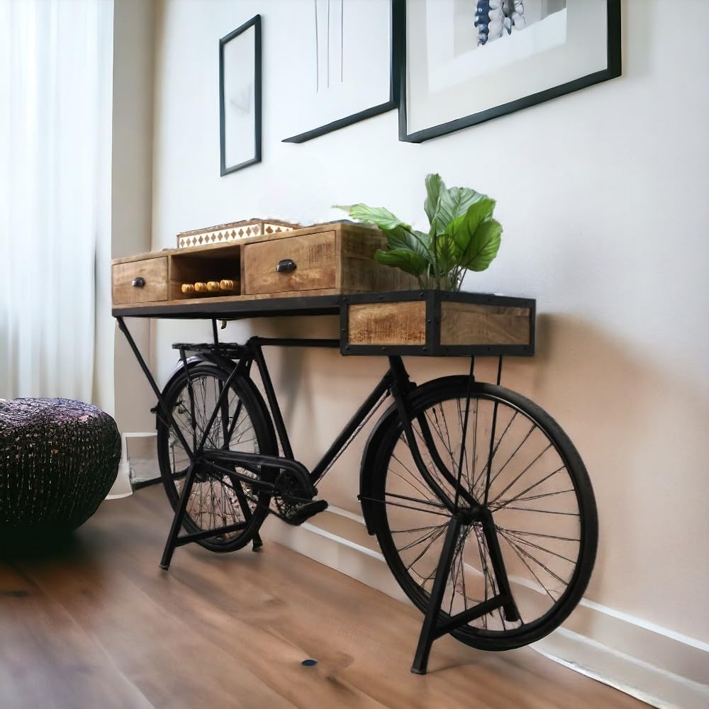 Vintage Bicycle Console Table with Drawers & Storage, Mango Wood, 76L x 18W x 44H inches N105