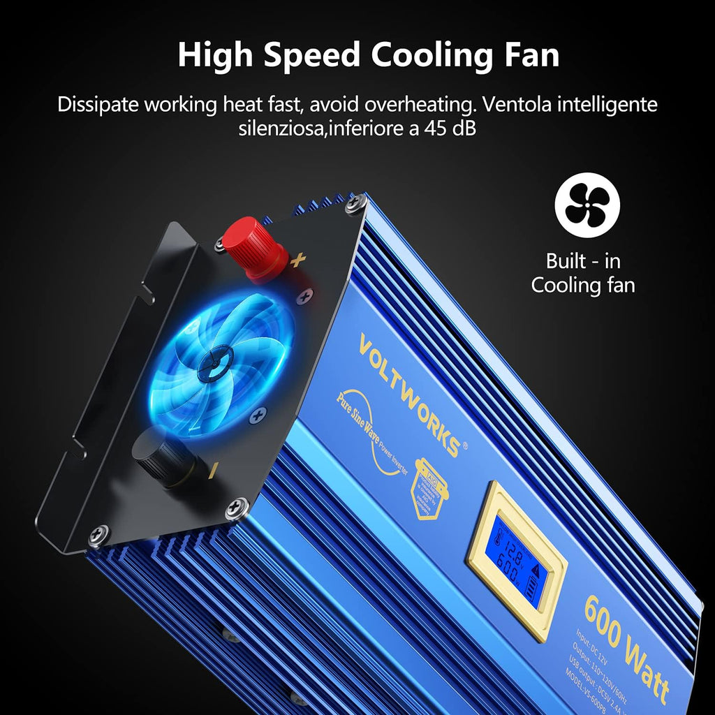 600 Watts Pure Sine Wave Power Inverter 12V to 110V 120V with USB Port & LCD Display I6902