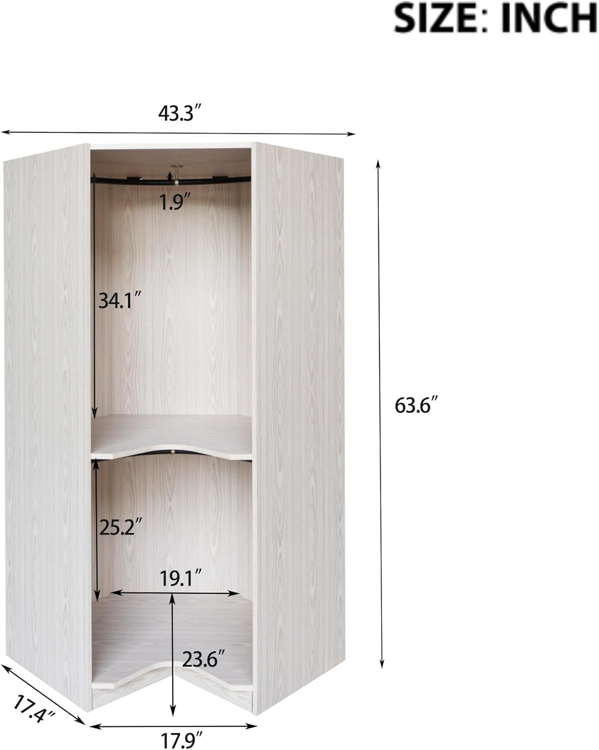 Natural Open Style Wooden Corner Wardrobe Closet with 2 Hanging Rails and Shelves R170072