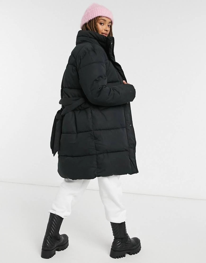 Padded Coat with Belt in Black J5483