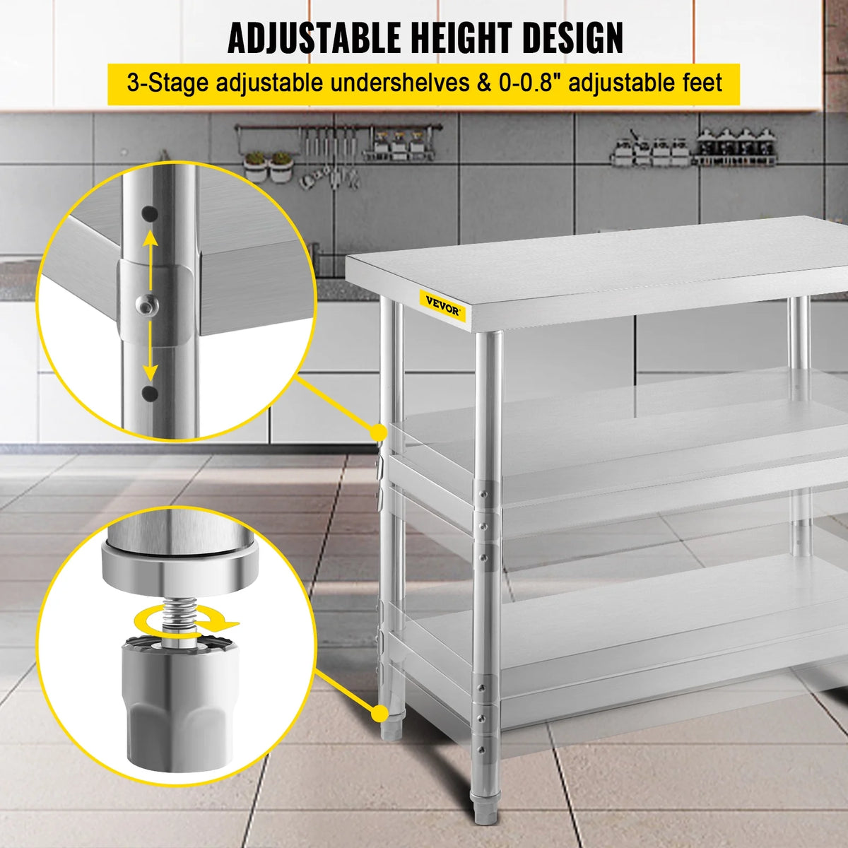 Stainless Steel Table with 2 Adjustable Undershelf V1419