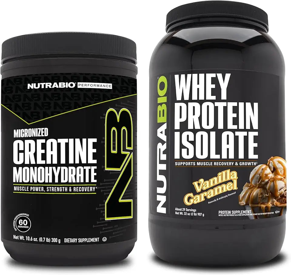 Unflavored Creatine Monohydrate and Vanilla Caramel Whey Protein Isolate Supplement Bundle A52039